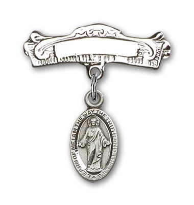 Pin Badge with Scapular Charm and Arched Polished Engravable Badge Pin - Silver tone