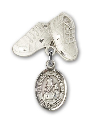 Baby Badge with Our Lady of Loretto Charm and Baby Boots Pin - Silver tone