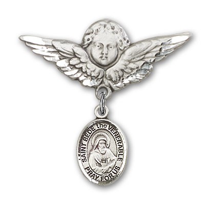 Pin Badge with St. Bede the Venerable Charm and Angel with Larger Wings Badge Pin - Silver tone