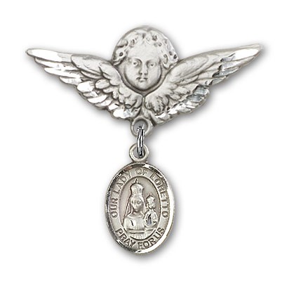 Pin Badge with Our Lady of Loretto Charm and Angel with Larger Wings Badge Pin - Silver tone
