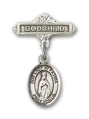 Baby Badge with Our Lady of Fatima Charm and Godchild Badge Pin - Silver tone