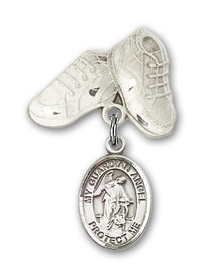 Baby Badge with Guardian Angel Charm and Baby Boots Pin - Silver tone