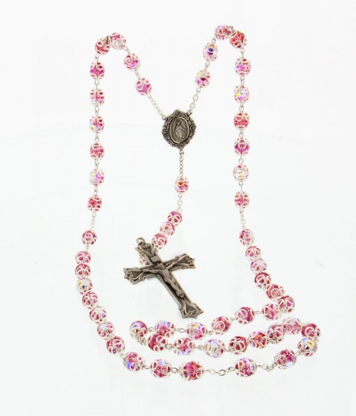 Pink 8mm Double Capped Crystal Rosary in Sterling Silver - Pink