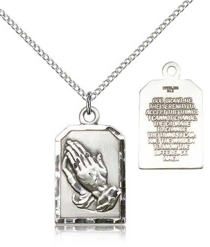 Praying Hands Pendant with Serenity Prayer - Sterling Silver