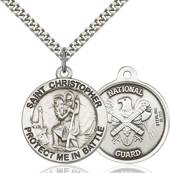 Protect Me In Battle Round St. Christopher National Guard Necklace - Sterling Silver