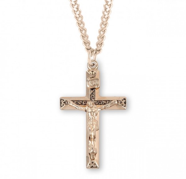 Raised Scroll Gold Crucifix Medal - Gold