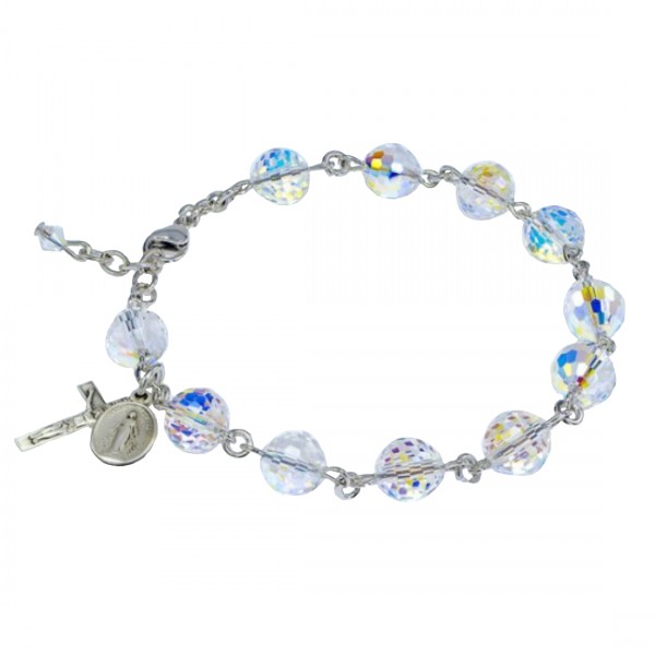 Rosary Bracelet - Sterling Silver with 8mm Fireball Crystal Swarovski Beads - Crystal