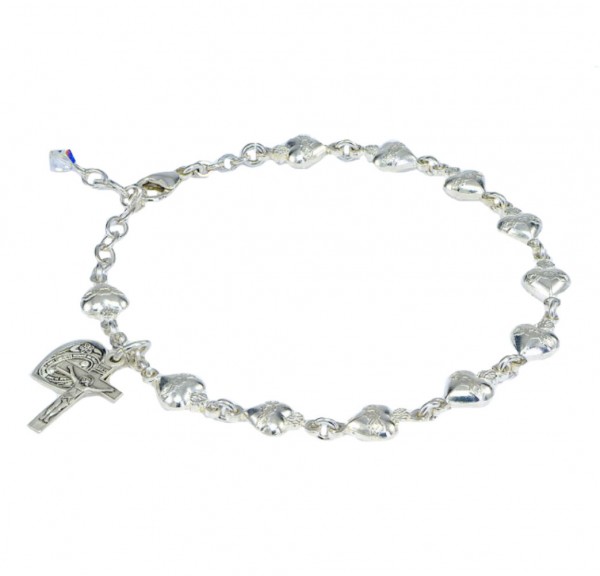 Rosary Bracelet - Sterling Silver with Sterling Sacred Hearts - Sterling Silver