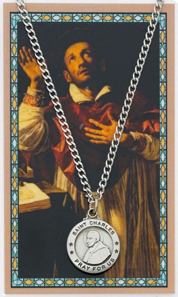 Round St. Charles Borromeo Medal with Prayer Card - Silver tone