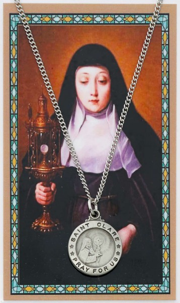 Round St. Clare Medal with Laminated Prayer Card - Silver tone