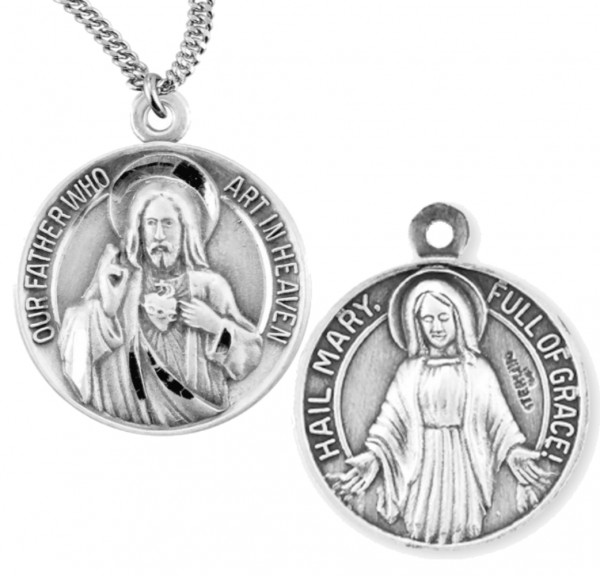 Sterling Silver Sacred Heart of Jesus and Blessed Mary Medal - Sterling Silver