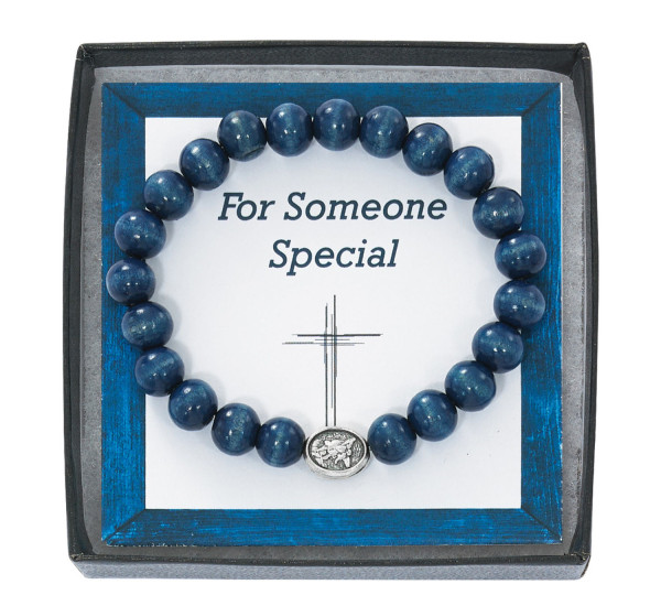 Saint Michael Bracelet w Blue Wood Beads - Blue
