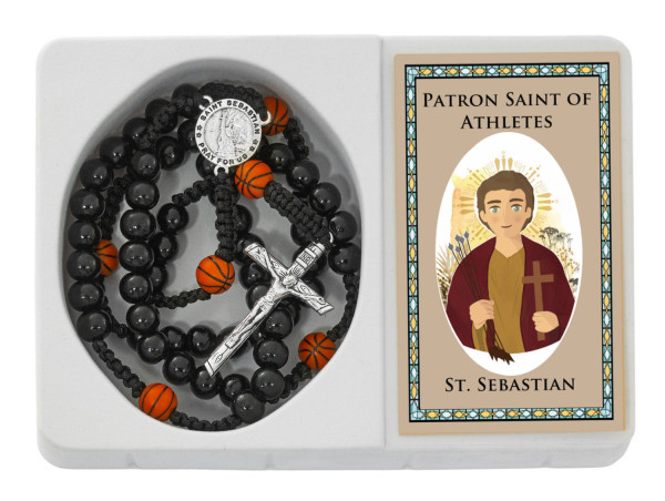 Saint Sebastian Basketball Rosary w Prayer Card - Black