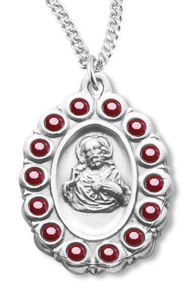 Red Glass Stone Border Scapular Medal Sterling Silver - Silver | Red