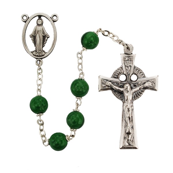 Shamrock Glass Rosary Pewter - Green