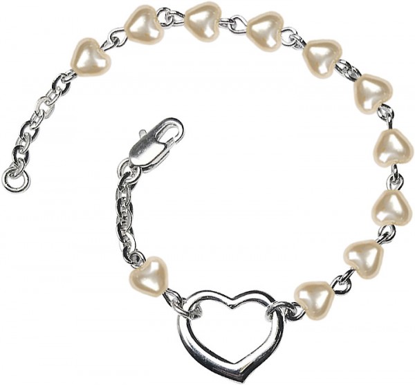 Girls Silver Heart Bracelet 4mm Heart Shaped Pearl Beads - Pearl White
