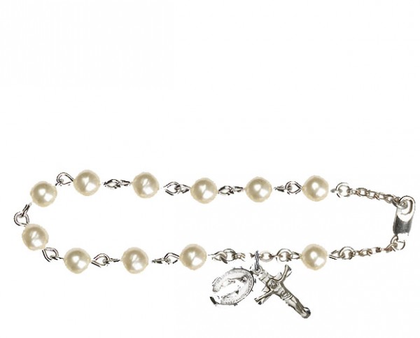 Silver Plated Rosary Bracelet with Pearl Beads - Silver