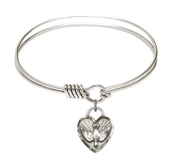 Smooth Bangle Bracelet with a Confirmation Dove Heart Charm - Silver