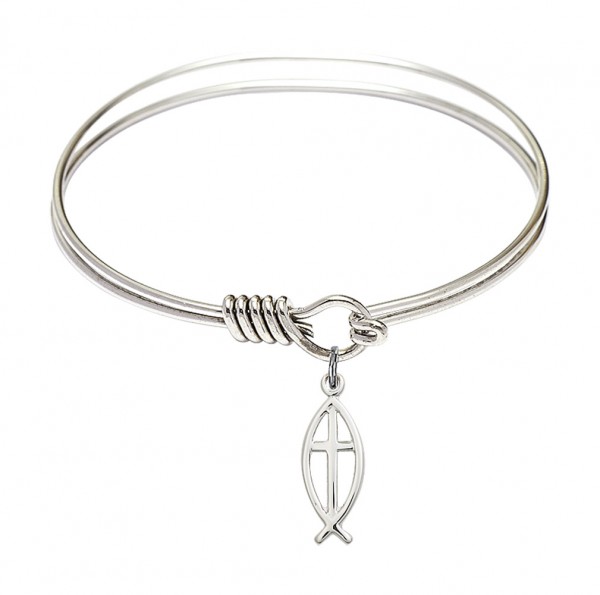 Smooth Bangle Bracelet with a Fish Cross Charm - Silver