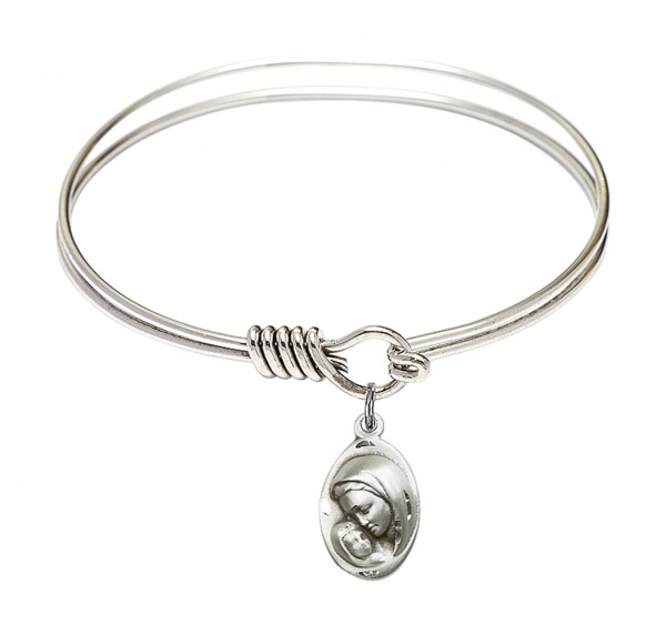 Smooth Bangle Bracelet with a Madonna &amp; Child Charm - Silver