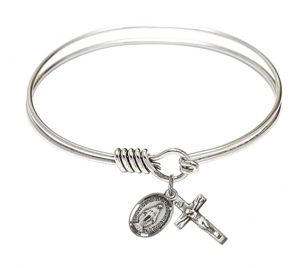 Smooth Bangle Bracelet with a Miraculous and Crucifix Charm - Silver