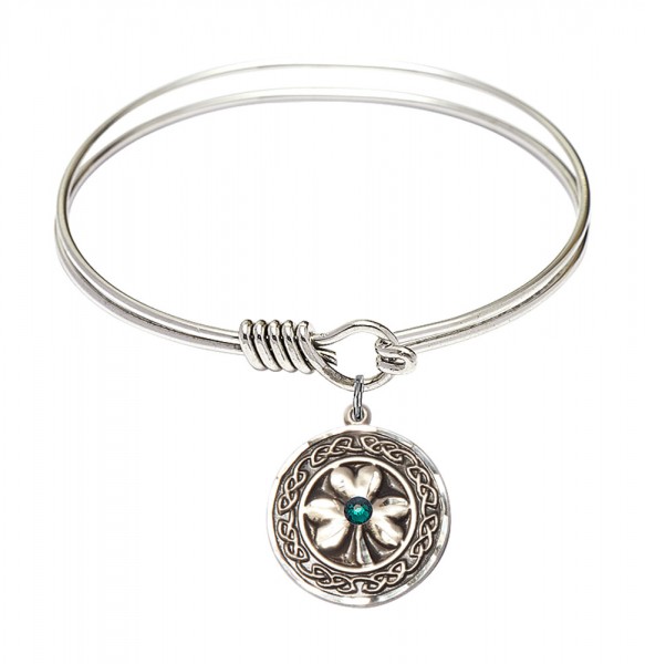 Smooth Bangle Bracelet with a Shamrock with Celtic Border Charm - Green|Silver