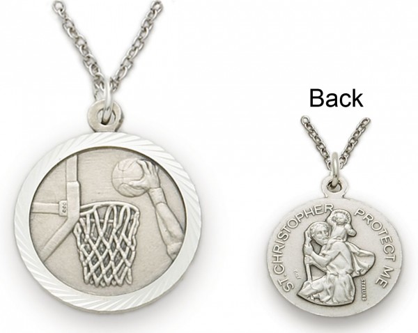 St. Christopher Basketball Sports Medal with Chain - Silver