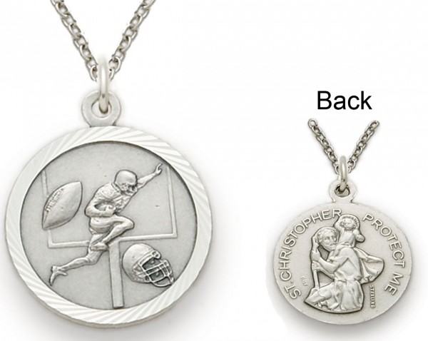 St. Christopher Football Sports Medal with Chain - Silver