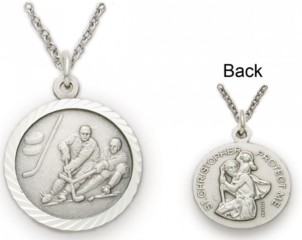 St. Christopher Ice Hockey Sports Medal with Chain - Silver
