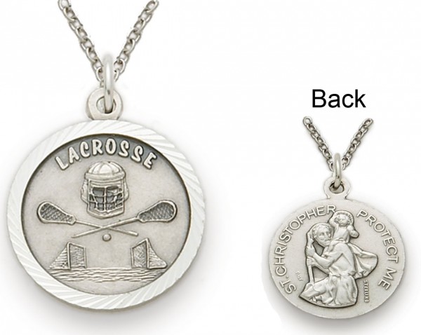 St. Christopher Lacrosse Sports Medal with Chain - Silver