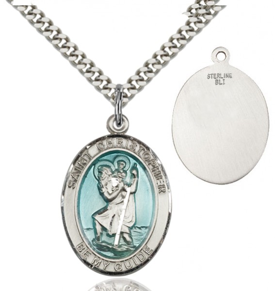 St. Christopher Medal with Blue Inset - Silver | Blue