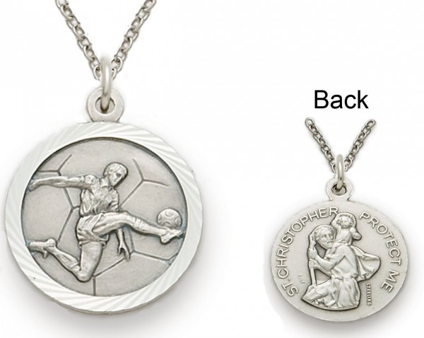 St. Christopher Soccer Sports Medal with Chain - Silver