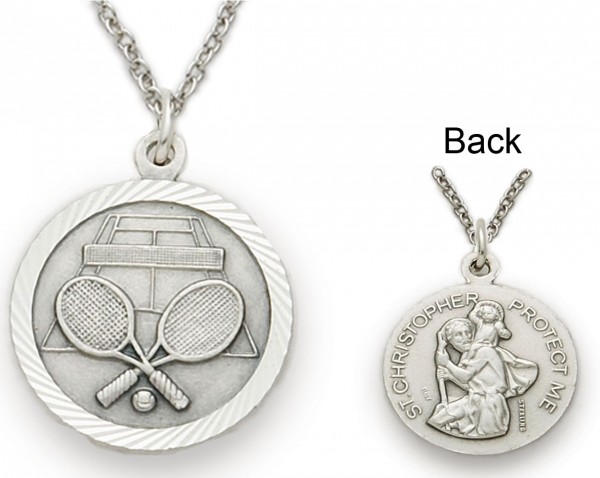 St. Christopher Tennis Sports Medal with Chain - Silver