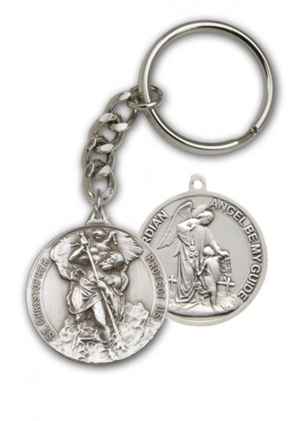 St. Christopher and Guardian Angel Keychain - Antique Silver
