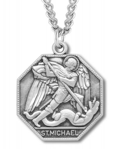Men's Octagon Shape St. Michael Medal - Sterling Silver