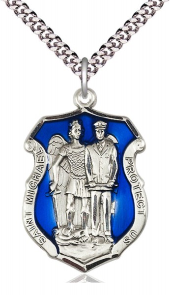 St. Michael and Police Shield Blue Epoxy Necklace - Sterling Silver | Blue Enamel