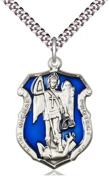 St. Michael Shield Necklace with Blue Epoxy - Sterling Silver | Blue Enamel