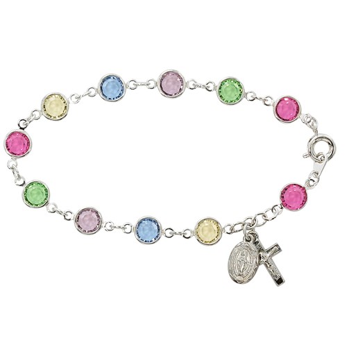 Sterling Silver Rosary Bracelet with Multi Color Austrian Crystal Beads - Multi-Color