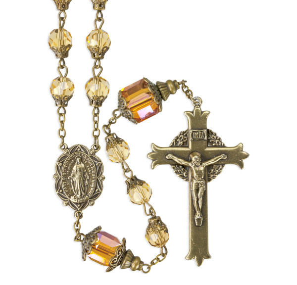 Vintage Inspired Light Topaz Glass Bead Rosary with Antique Crucifix and Centerpiece - Topaz