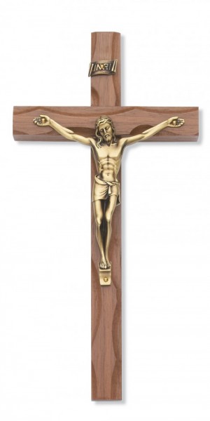 Carved Walnut Wood Wall Crucifix 10 inch - Gold