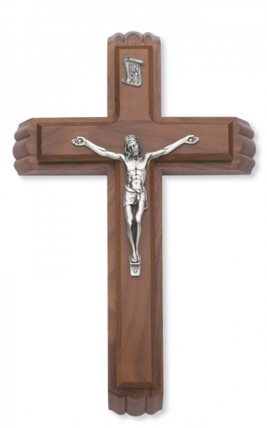 Walnut Wood Sick Call Crucifix Set with Silver Corpus - 11&quot;H - Brown