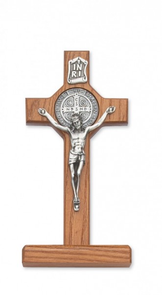 Walnut Wood Standing St. Benedict Crucifix - 6&quot;H - Light Brown