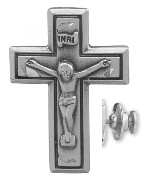 Wide Edge Crucifix Lapel Pin Sterling Silver - Sterling Silver