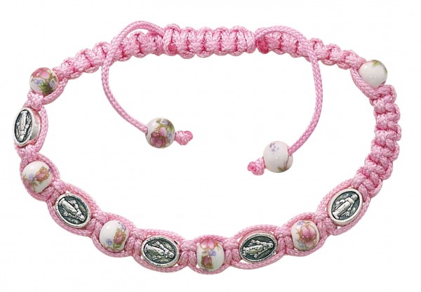 Women's Adjustable Miraculous Medals &amp; Ceramic Beads Bracelet with Adjustable Pink Cord - Pink