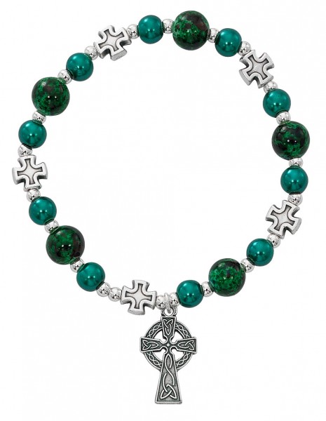 Women's Celtic Stretch Bracelet with Green Pearl Beads and Cross Charm - Green