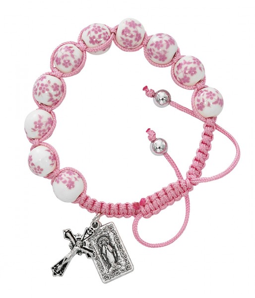 Women's Pink Flower Ceramic Beads with Miraculous Charm &amp; Cross Bracelet - Pink