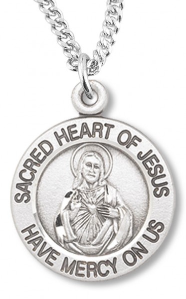 Women's Round Sacred Heart Medal and Chain - Sterling Silver