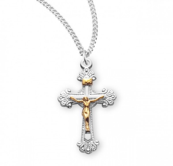 Women's Shiny Frayed Tip Crucifix Medal Two Tone - Two-Tone Silver