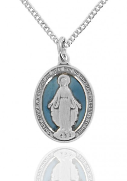 Women's Sterling Silver Oval Blue Enamel Miraculous Medal - Silver | Blue