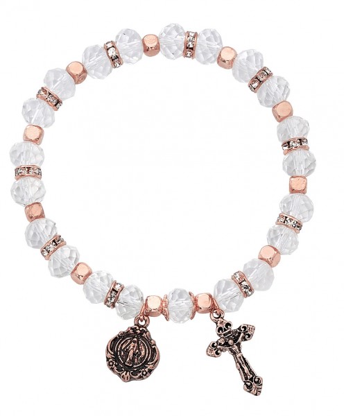 Women's Stretch Bracelet with Crystal and Copper Beads Cross and Mary Charms - Clear